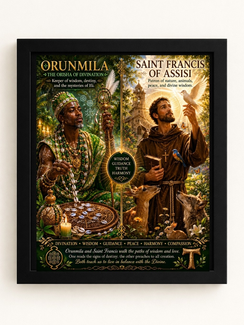 Orunmila & Saint Francis Framed Spiritual A.I. Art Print 8x10 Frame